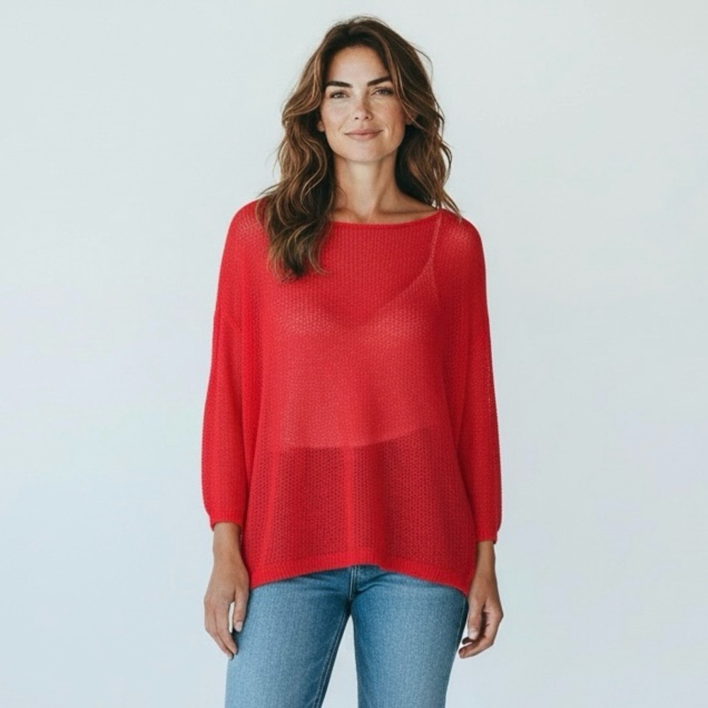 J. Jill Vibrant Red wide Neck Sweater split hem linen blend size large